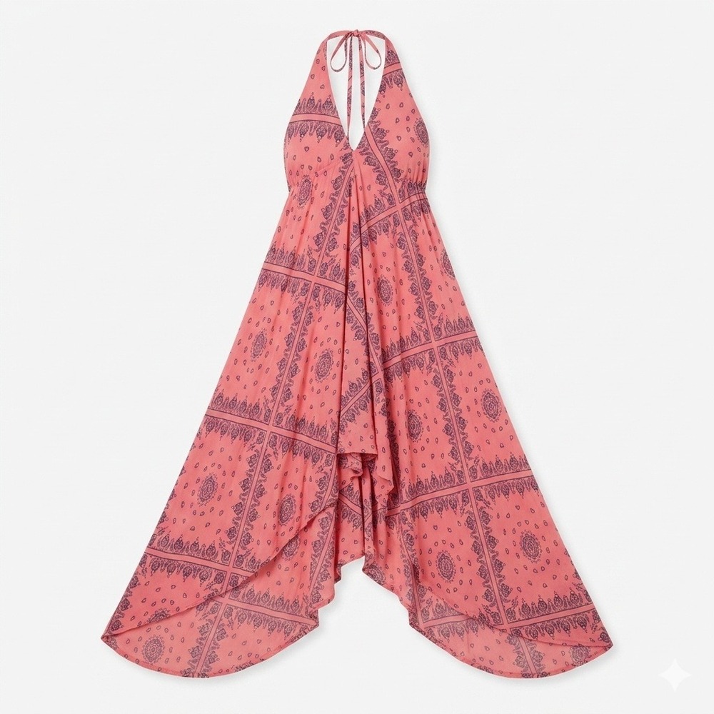 Bandana Print Maxi Dress Womens S/M Halter Open Back Ajustable Boho Beachy